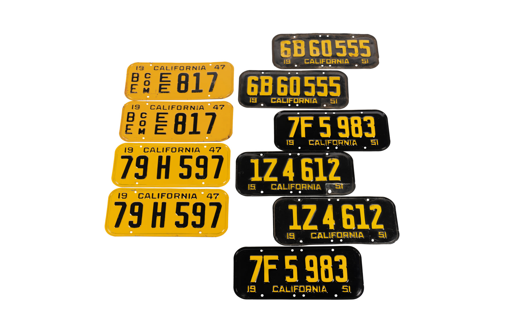 Assorted Pairs of California License Plates, c. 19471951 Gooding